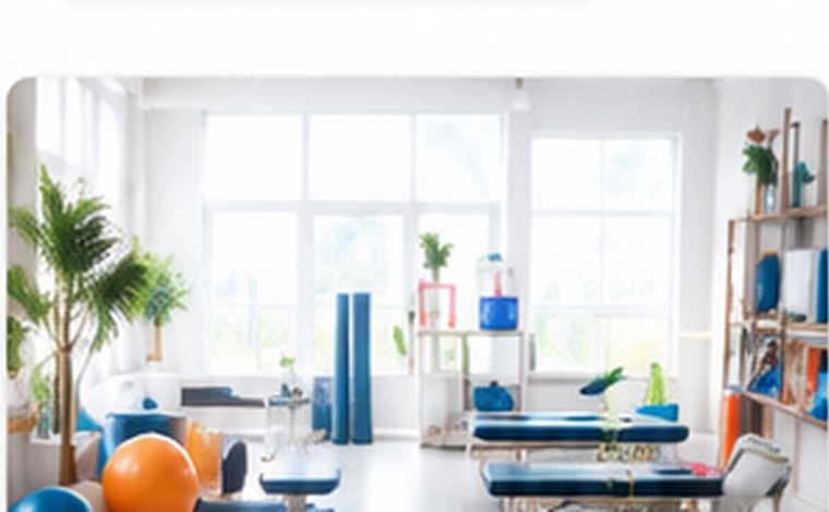 Bright physiotherapy clinic with exercise balls and treatment beds